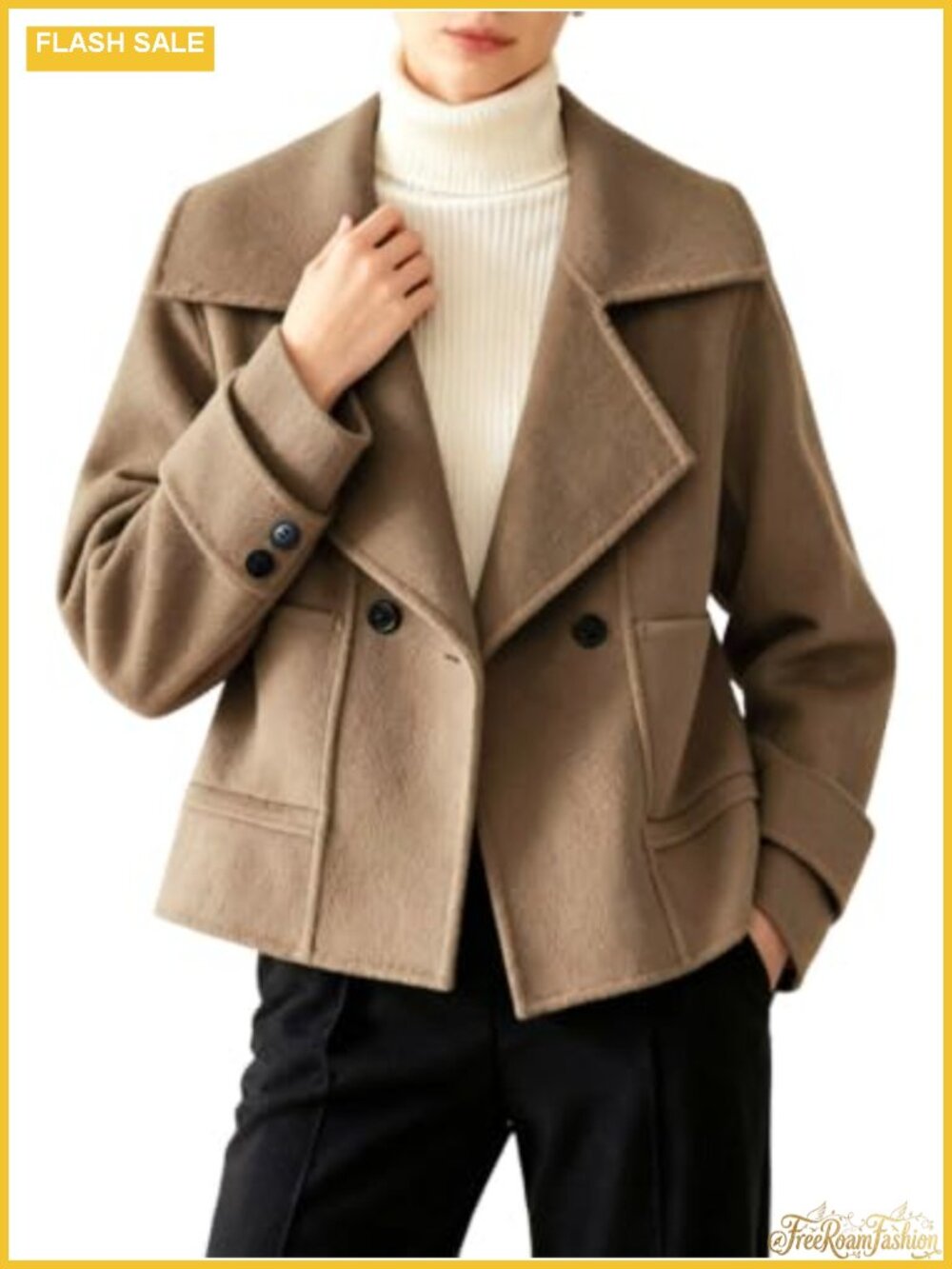 Cropped Wool Pea Coat with Notched Lapel and Pockets